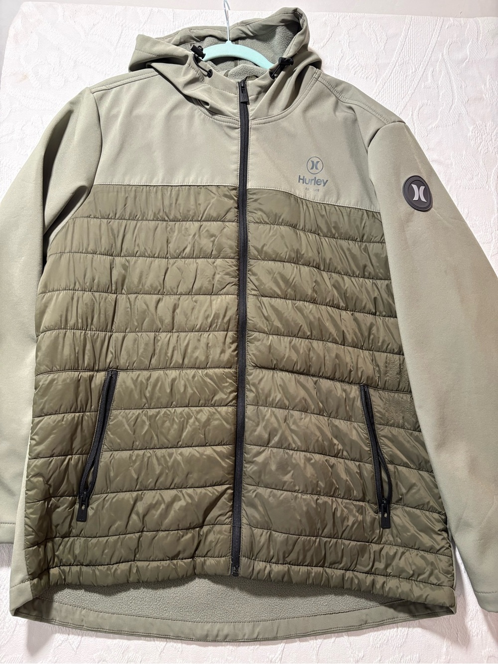 Hurley Olive Two-Tone Quilted Hooded Jacket